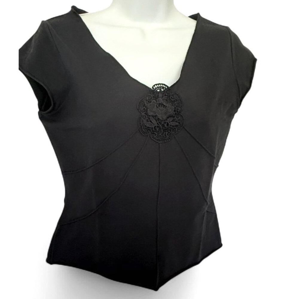 Black T-Shirt Top Stretch Size M Fitted Lace Embellishment V-Neck Cap Sleeves